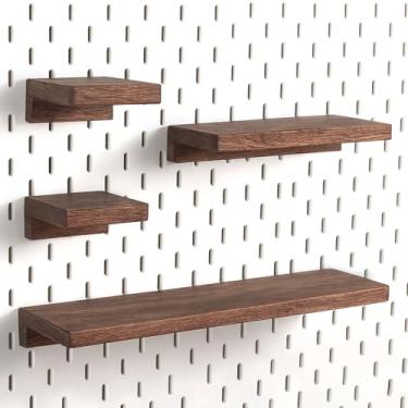 Imagem de SEMPOMA Conjunto de prateleiras de quadro compatível com IKEA Skadis Pegboard - Prateleiras de madeira com acabamento de nogueira, pacote com 4 organizadores de parede sem montagem