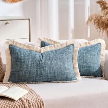 Imagem de Capa decorativa para almofada lombar 30,5 x 50,8 cm com detalhe boho, almofada de fazenda, para sofá, quarto, sala de estar, decoração de casa, azul, cinza