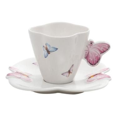 Imagem de Conjunto De Xícaras e Pires Café Porcelana 6 peças Borboleta 100ml Wol