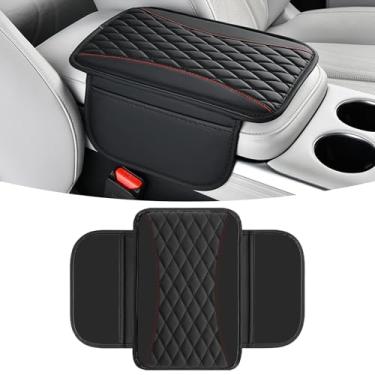 Imagem de SWQS Capas de console central de couro patchwork com bolsos laterais de armazenamento, capa de descanso de braço atualizada para organizador de assento de carro, decoração de carro elegante interior