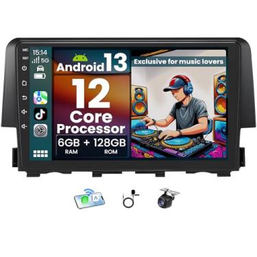 Imagem de [12 núcleos 6 GB + 128 GB] Android 13 para Honda Civic 2016-2021 Rádio: tela sensível ao toque de 9 polegadas 1280 * 800 IPS estéreo veicular com câmera de backup sem fio Carplay Android Auto