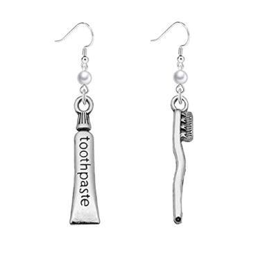 Imagem de Dreuyet Brincos de pérola para escova de dentes e pasta de dente para mulheres, meninas, bonitos, pequenos, banhados a prata, ferramentas dentárias, pingentes, brincos de dente dental, joias, presente