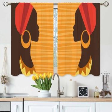 Imagem de Gpiaoyfo Cortinas de cozinha femininas negras lindas meninas africanas com brincos cortinas de camada curta para banheiro, café, cortinas de janela pequenas, tratamento 2 painéis (27,5 x 39 polegadas)