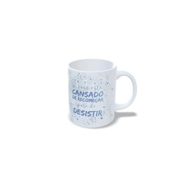 Imagem de Caneca de Cerâmica Branca com Mensagem Motivacional, Decorativa, Geométrica, 325ml, Design com Letras e Estrelas em Azul (r)