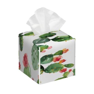 Imagem de Porta-lenços de couro quadrado à prova d'água cacto flor primavera organizador de papel facial com cinto inferior cubo estojo de lenços para mesa, banheiro, escritório, mesa, carro, decorativo