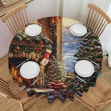 Imagem de Toalha de mesa redonda para lareira de árvore de Natal, impermeável, lavável, 152 cm, capa de mesa circular, protetor de mesa amassável, para jantar, cozinha, festa, pátio, ambientes internos e