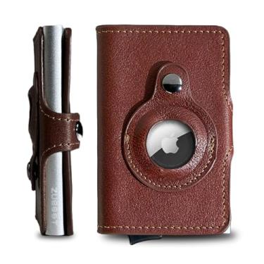 Imagem de Carteira masculina fina de couro com suporte embutido para AirTag – Porta-cartões dobrável dobrável com bloqueio RFID para dinheiro e cartões – Carteira minimalista de couro genuíno com bolso frontal