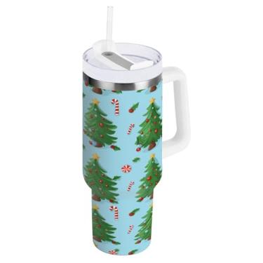 Imagem de Blueangle Copo de árvore de Natal de 850 g com alça e tampa de palha, copo isolado reutilizável de aço inoxidável garrafa de água caneca de viagem (360)