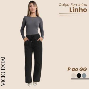 Imagem de Calça Feminina de Linho Reta Cós Wide Leg Elástico Reta Casual Bolsos Externos Confortável-Feminino