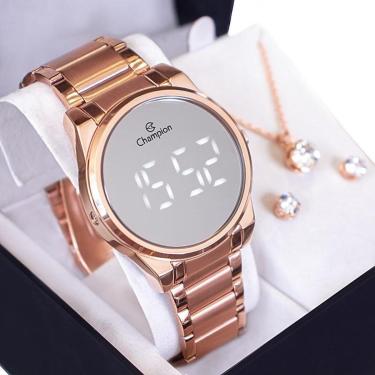 Imagem de Relógio Feminino Champion Digital Espelhado Rosê CH40124M Kit Colar e Brincos-Feminino
