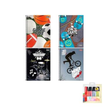 Imagem de Kit Caderno Universitário Vibe Masc 80 Folhas + Caneta Esferográfica Spiro 0.7mm + Marca Texto Boss 4 Cores