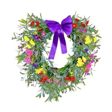 Imagem de IEUDNS Guirlanda em forma de coração, Guirlanda de gipsófila, para porta de entrada, de flores com laço para janela, Roxo