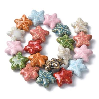 Imagem de Beadthoven 20 peças de contas de porcelana feitas à mão estrela do mar contas de cerâmica coloridas impressas oceano mar estrela peixe charme artesanato espaçadores para pulseiras, colar, chaveiro