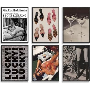 Imagem de 6 peças de arte de parede em tela de leopardo moderna moda Cheetah Lucky Martini pôsteres vintage funky girl decoração de parede luxo Y2k Estética Preppy pinturas para dormitório feminino faculdade