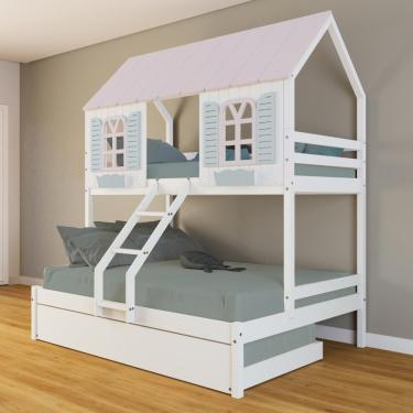 Imagem de Treliche Casal/ Solteiro Casinha Bela - Madeira Maciça Branco/rosa/verde Housin