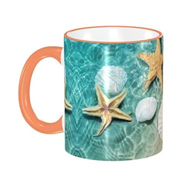 Imagem de Ourdovi Caneca de café expresso de cerâmica com padrão estrela do mar e conchas, caneca de cerâmica revestida DIY, para café, sopa, chá, leite, latte, cacau quente, colorido divertido 340 g.