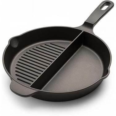 Imagem de Artisan Fire Frigideira de ferro fundido de 25 cm - Frigideira de café da manhã dividida 2 em 1 meia grelha - ovos, bacon, bife