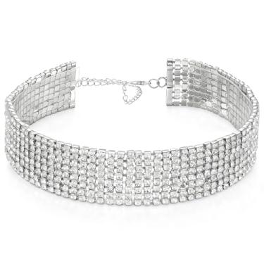 Imagem de FdcLixuvol Gargantilha de strass prata brilhante gargantilha feminina brilhante cristal strass gargantilha larga ajustável para casamento nupcial