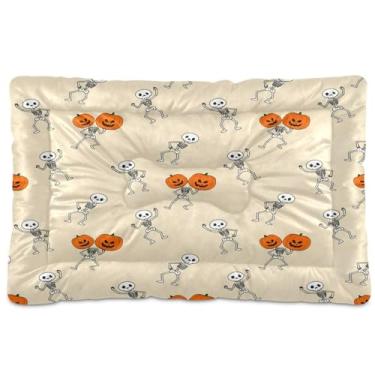 Imagem de Wassud Esqueletos alegres com camas de abóbora para cães, tapete lavável para animais de estimação para cães e gatos, almofada de cama de viagem antiderrapante, almofada de canil para ambientes
