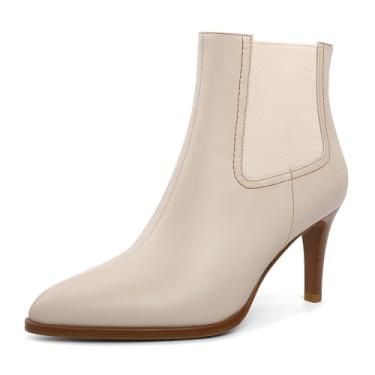 Imagem de Younton Bota feminina de salto médio clássica bico fino com zíper traseiro bota curta no tornozelo para festa gatinho salto baixo 7 cm, Branco fosco, 36