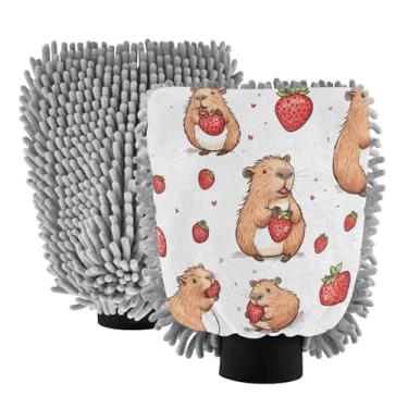 Imagem de STAYTOP Lindas luvas de lavagem de carro capivara de desenho animado, 2 peças, luvas de microfibra de chenille, sem arranhões, panos de esponja de lavagem ultra absorventes para carros, limpeza