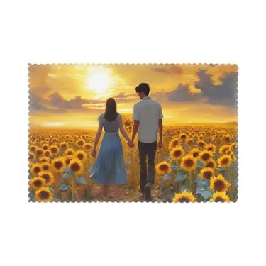 Imagem de Jogo americano romântico com estampa de girassóis para mesa de jantar, conjunto de 6 resistentes ao calor, fácil de limpar para uso diário