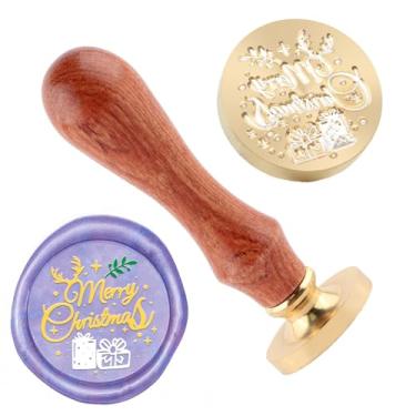 Imagem de Carimbo de lacre de cera de Natal Carimbo de vedação de Feliz Natal e uma cabeça de carimbos de cabo de madeira para decoração de presente Cartões de Natal Envelopes de Ano Novo Vedação de cera