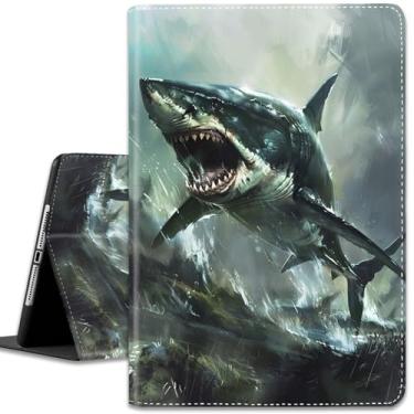 Imagem de Capa para iPad (A16) 11ª geração 11 polegadas (2025)/iPad 10ª geração 10,9 polegadas (2022), visualização em vários ângulos e despertar/hibernar automático, capa inteligente Megalodon Shark