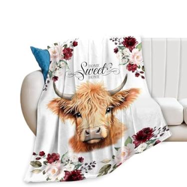 Imagem de Manta de vaca Highland de flanela quente, cobertor macio para sofá-cama, decoração de casa com estampa de animal fofo, lavável na máquina, A14,130 cm * 150 cm, 127.0 cm * 152.4 cm