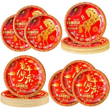 Imagem de SiliFine 100 peças de pratos de papel de ano novo chinês 2026 folha de ouro vermelho cavalo descartáveis pratos de sobremesa para jantar feliz ano novo chinês primavera festival decoração de mesa