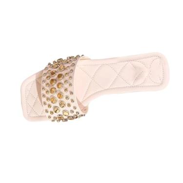 Imagem de Chinelos femininos rasos de bico quadrado para uso diário casual verão confortável design sem cadarço para ambientes internos e externos, Branco, 34