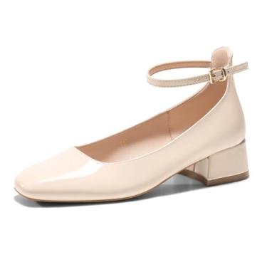 Imagem de Coutgo Sapato feminino de salto baixo grosso fechado bico quadrado com tira no tornozelo, vestido de formatura de casamento, Bege, 36