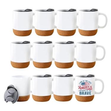 Imagem de Lilsofee Pacote com 12 canecas de sublimação de 425 g com fundo de cortiça e tampa à prova de respingos Copos de café de cerâmica para café com leite quente ou frio brilhante