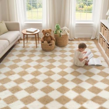 Imagem de GENIMO Tapete quadriculado, 20 x 25 cm, para quarto de crianças, macio, felpudo, tapete felpudo para sala de estar, berçário, sala de jogos, dormitório, decoração de casa moderna, estética, bege e