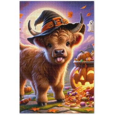 Imagem de Quebra-cabeça fofa de vaca Highland Halloween abóbora 1000 peças para adultos quebra-cabeça presentes paisagem animal flor arte, 75 x 40 centímetros