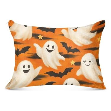 Imagem de Capas de travesseiro decorativas grandes de flanela com estampa de fantasmas brancos de desenho animado divertido, tamanho Queen, tamanho king, tamanho do corpo, 53 cm x 137 cm