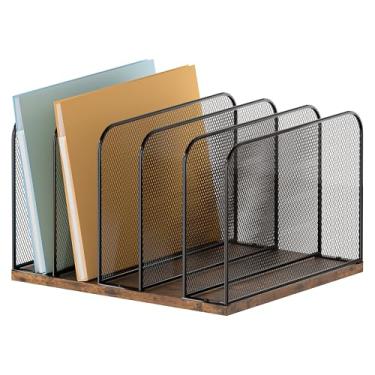 Imagem de Piskyet Organizador vertical de arquivos de mesa, suporte vertical para pasta de arquivos com 5 seções, organizador de Chromebook de papel de correio de metal para professores, escritório, sala de