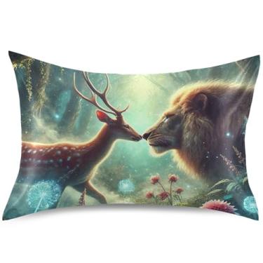 Imagem de Capa de almofada de cetim com estampa floral de veado leão, capa de travesseiro padrão King Queen, capa de travesseiro fofa refrescante, tamanho padrão, 66 cm x 50 cm