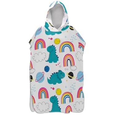 Imagem de Joisal Roupão para adultos, poncho de surfe, com capuz, toalha de natação, leve, fofo, dinossauros, arco-íris, branco, unissex, poncho adulto com capuz