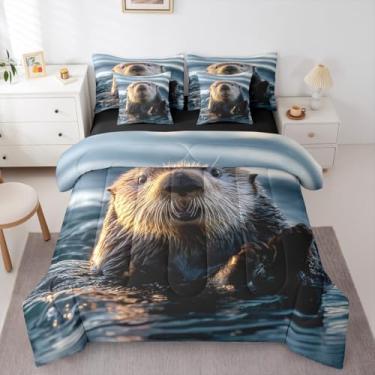 Imagem de Erosebridal Jogo de cama casal com lontra marinha, 7 peças, edredom 3D, lontras marinhas, para amantes de lontra, vida oceânica, conjunto de colcha kawaii, lontra marinha, decoração de quarto, macio e