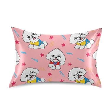 Imagem de Fronhas fofas de desenho animado cães rosa rei queen fronha padrão cetim refrescante roupa de cama fronha personalizada king size 101,6 cm x 50,8 cm