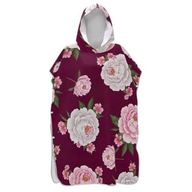 Imagem de TSENQUE Roupão de mudança de flores brancas vívidas rosa para adultos, poncho de surfe, absorvente, masculino, com capuz, toalha de natação