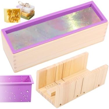 Imagem de YLMFTNU Molde de pão de sabonete, kit de molde de sabão de madeira de 1,148 g, suprimentos retangulares para fabricação de sabão de silicone, moldes de corte de sabonetes com caixa de cortador de