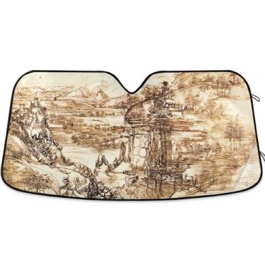 Imagem de Guarda-sol personalizado Leonardo da Vinci paisagem Arno Valley para para-brisa de carro bonito retrátil dobrável animal automotivo protetor solar M, 139.7 cm x 70.1 cm