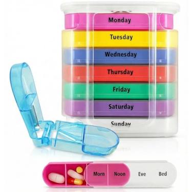 Imagem de Organizador de comprimidos Vive 7 dias – Empilhável 4 vezes por dia e suporte de medicamentos semanais – Caixa dispensadora AM PM com cortador divisor – recipiente de vitamina portátil diário – Calendário de viagem fino de 7 dias