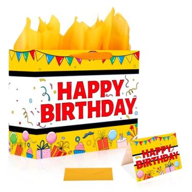 Imagem de Conjunto de Sacos Presente Aniversário com Desenho Cão Fofo, Amarelo com Linhas Pretas Incluindo Papel Embrulho Cartão Felicitações e Envelope para Decoração Festa de Aniversário