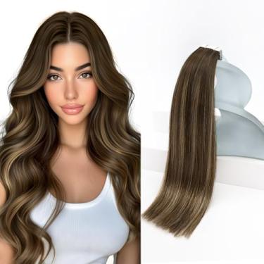 Imagem de Sunny Hair Extensões de cabelo humano real com fita adesiva invisível Remy extensões de cabelo fitas para mulheres castanho escuro raiz para caramelo loiro balayage 61 cm 20 peças 50G