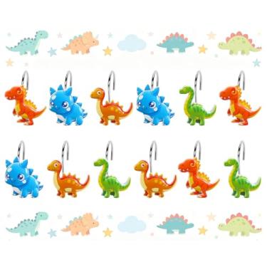 Imagem de Whaline 12 ganchos de cortina de chuveiro de dinossauro, anéis decorativos para varão de chuveiro, ganchos de resina para sala de estar, quarto, banheiro