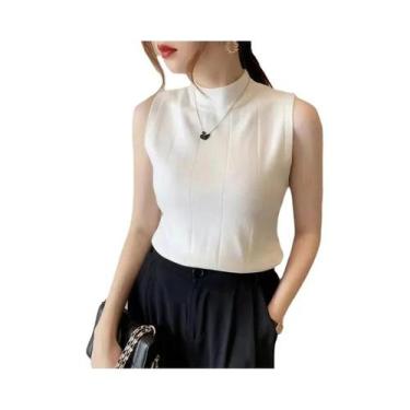 Imagem de Blusa Feminina Sem Mangas Em Malha Lisa Elástica Moda Coreana Primaver