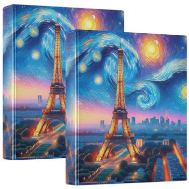 Imagem de Fichários personalizados da Torre Eiffel de Paris Noite Estrelada de 3,8 cm, 3 anéis, 200 folhas, fichário de apresentação, 31,5 x 27 x 6 cm, pacote com 2
